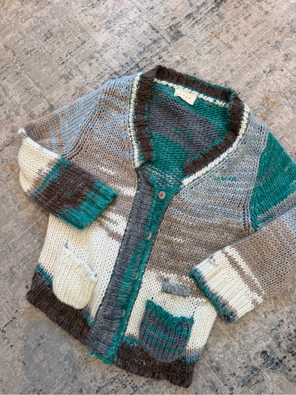 Anthropologie: Cozy Multicolor Knit Cardigan Sweater - Teal, Gray & Cream